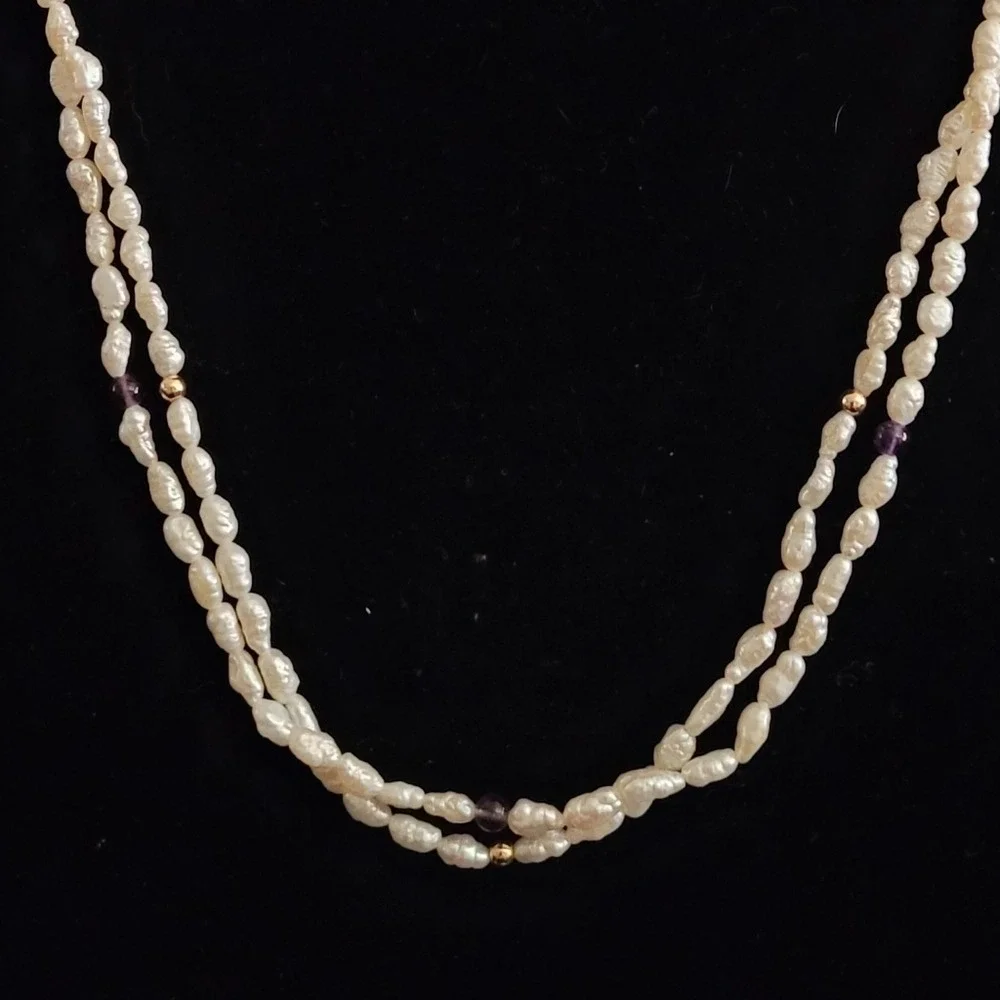 Vintage Double Strand‎ Freshwater Rice Pearl Necklace with Amethyst Accents